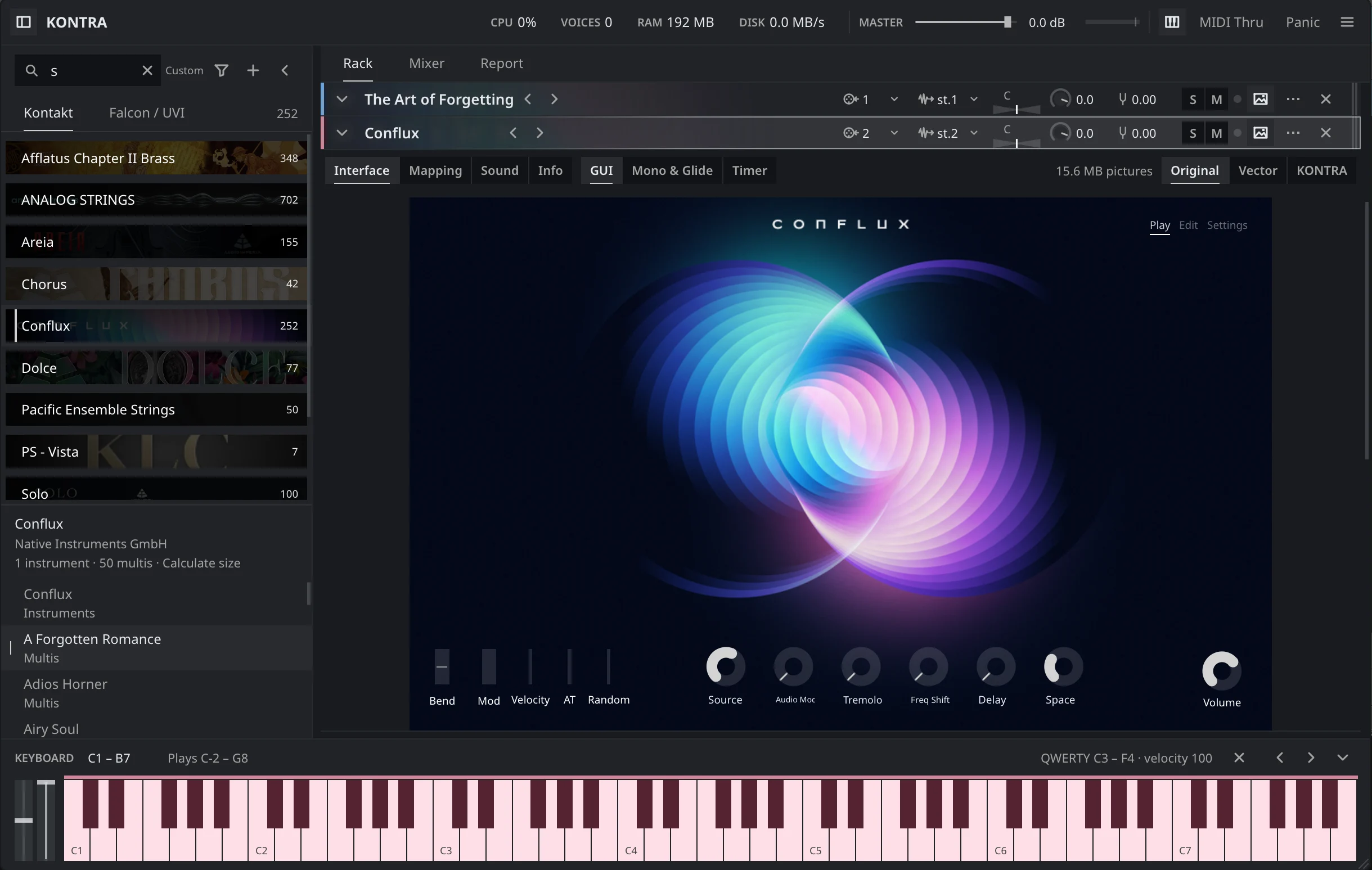 KONTRA library browser and rack with the Conflux interface and on-screen keyboard