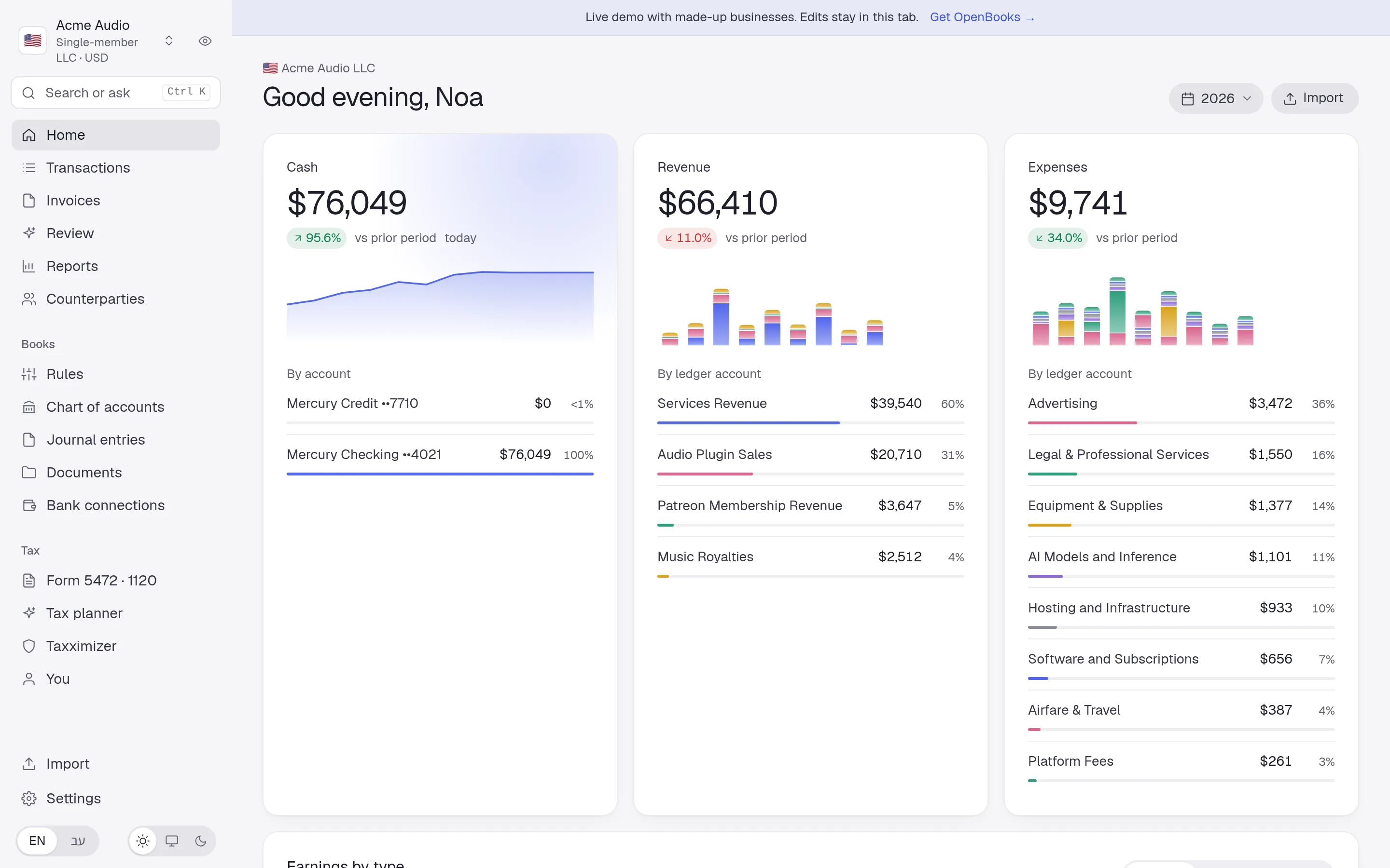 OpenBooks home: cash, revenue and expenses for a US LLC
